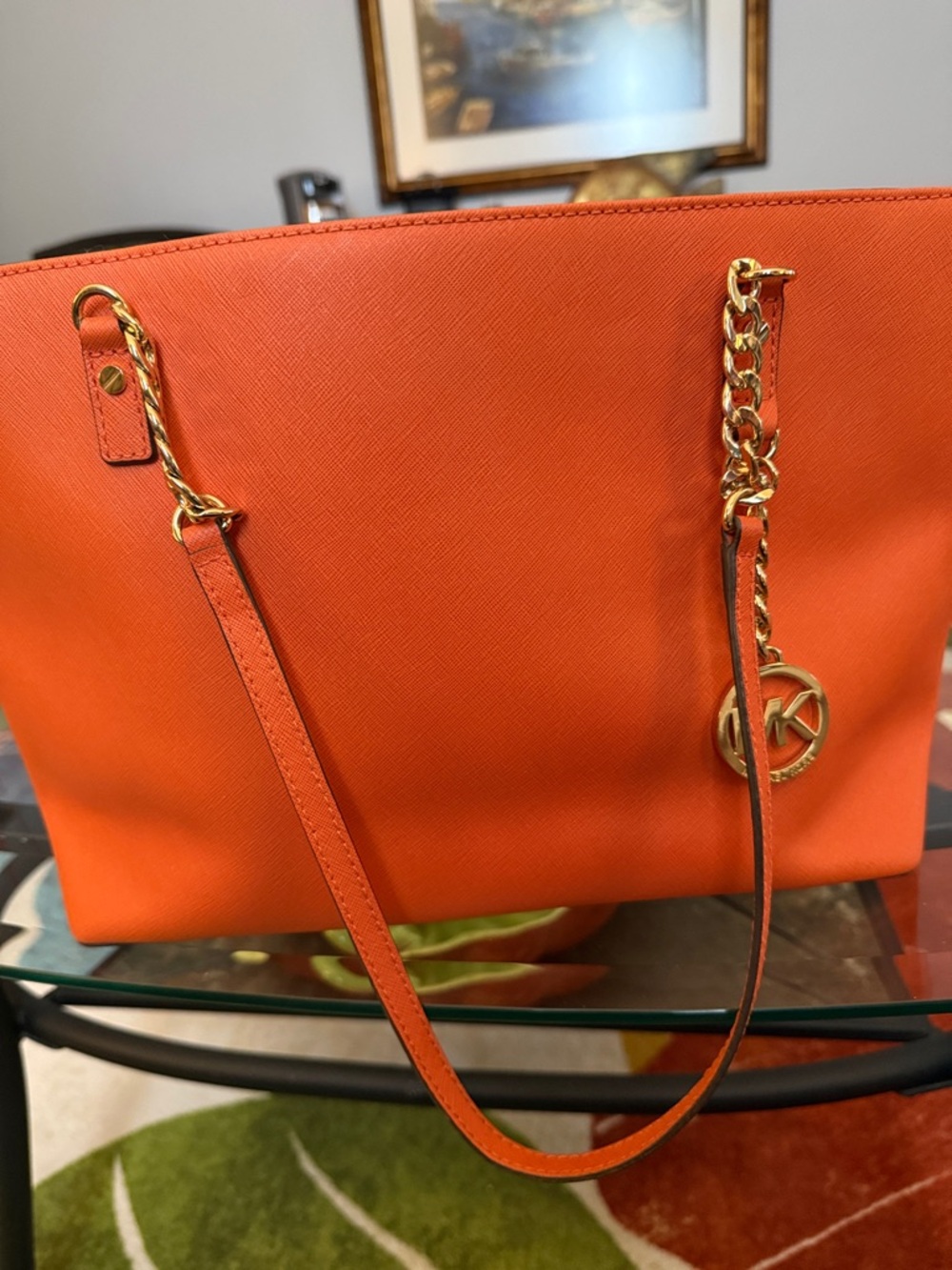 Michael Kors Orange Saffiano Leather Tote with Gold Chain Charm
